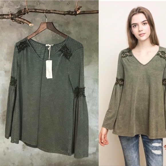 Garment Washed Bell Sleeved Top Sage Green - Picture 2 of 8